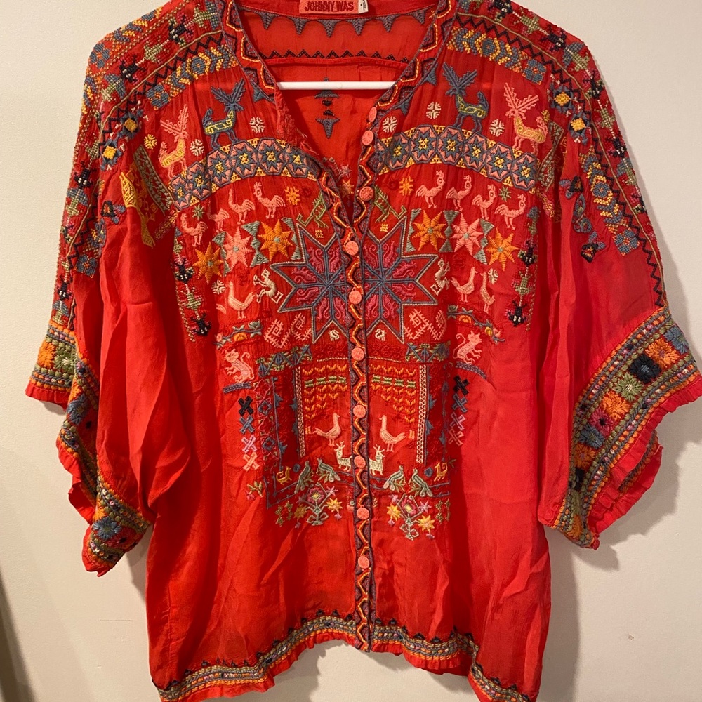 Johnny Was Scarlet Top with Blue Embroidery